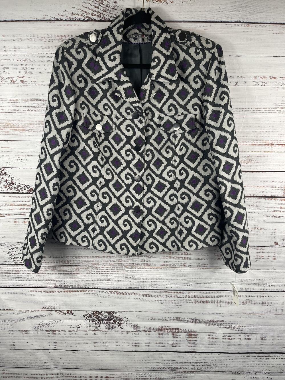 Jana Kos Blazer Women's 16 Gray Purple Ikat Jacquard Military Jacket Made USA